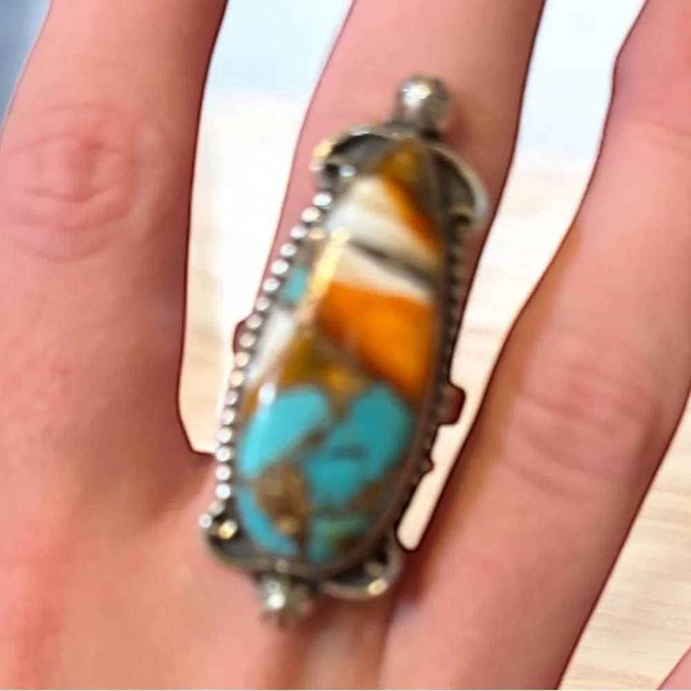 Turquoise spiny oyster copper sterling silver statement ring
